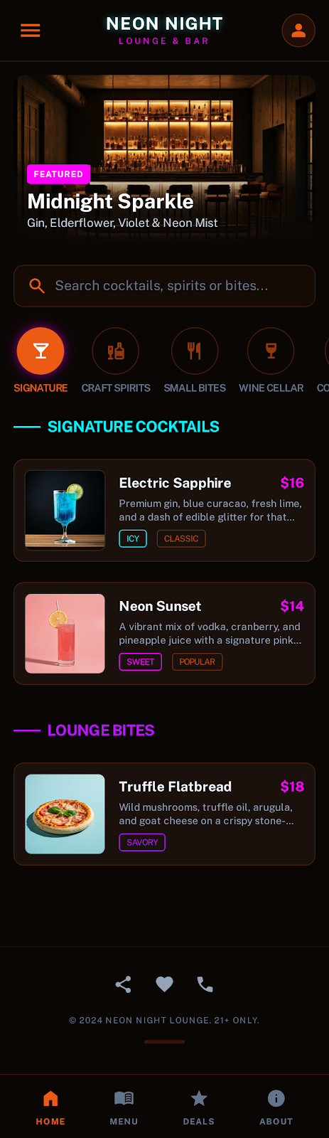 Neon Night QR menü şablonu
